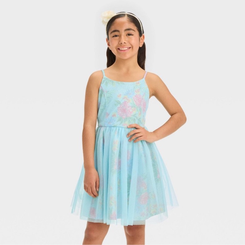 Zenzi Girls’ Sleeveless Floral Dress - Aqua Blue, L (10/12)